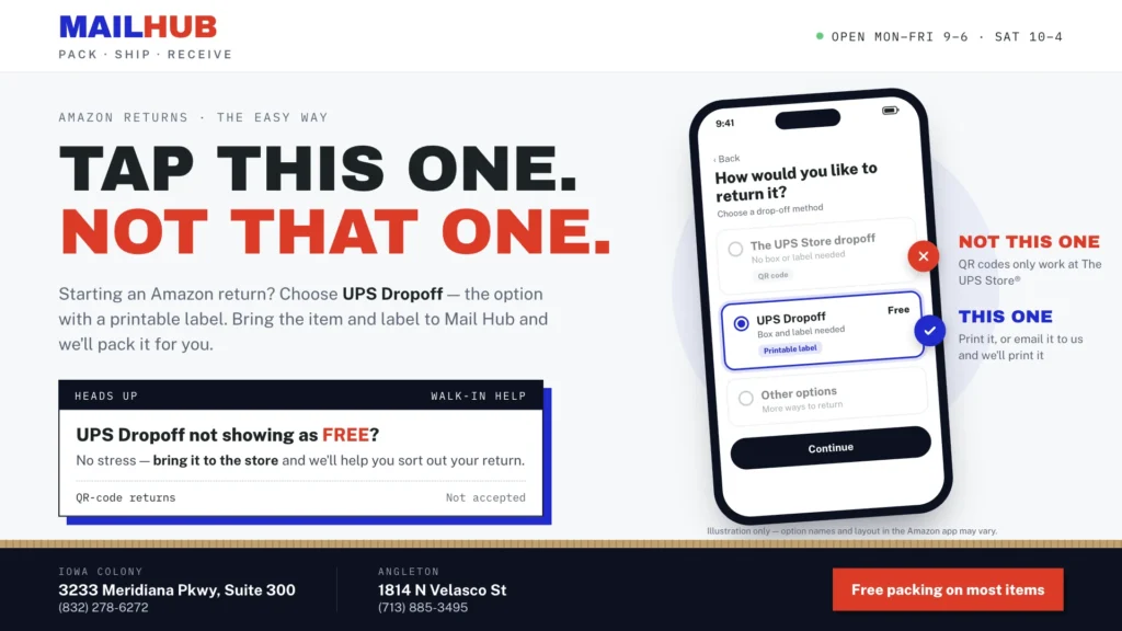 Amazon returns the easy way: choose UPS Dropoff and bring your item to Mail Hub