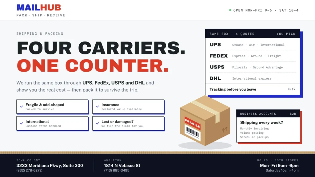 Four carriers, one counter: UPS, FedEx, USPS and DHL shipping and packing at Mail Hub